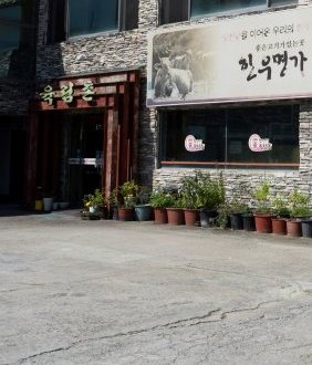 '육림촌' 현판을 단 나무 입구와 화분, 앞마당 주차장